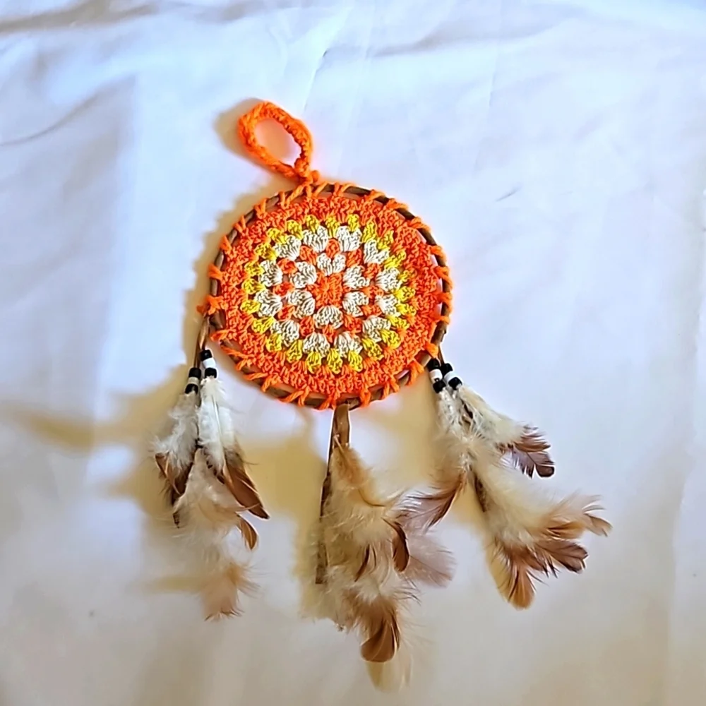 Hand Crafted Dreamcatcher Crochet orange handmade knit floral fall decor